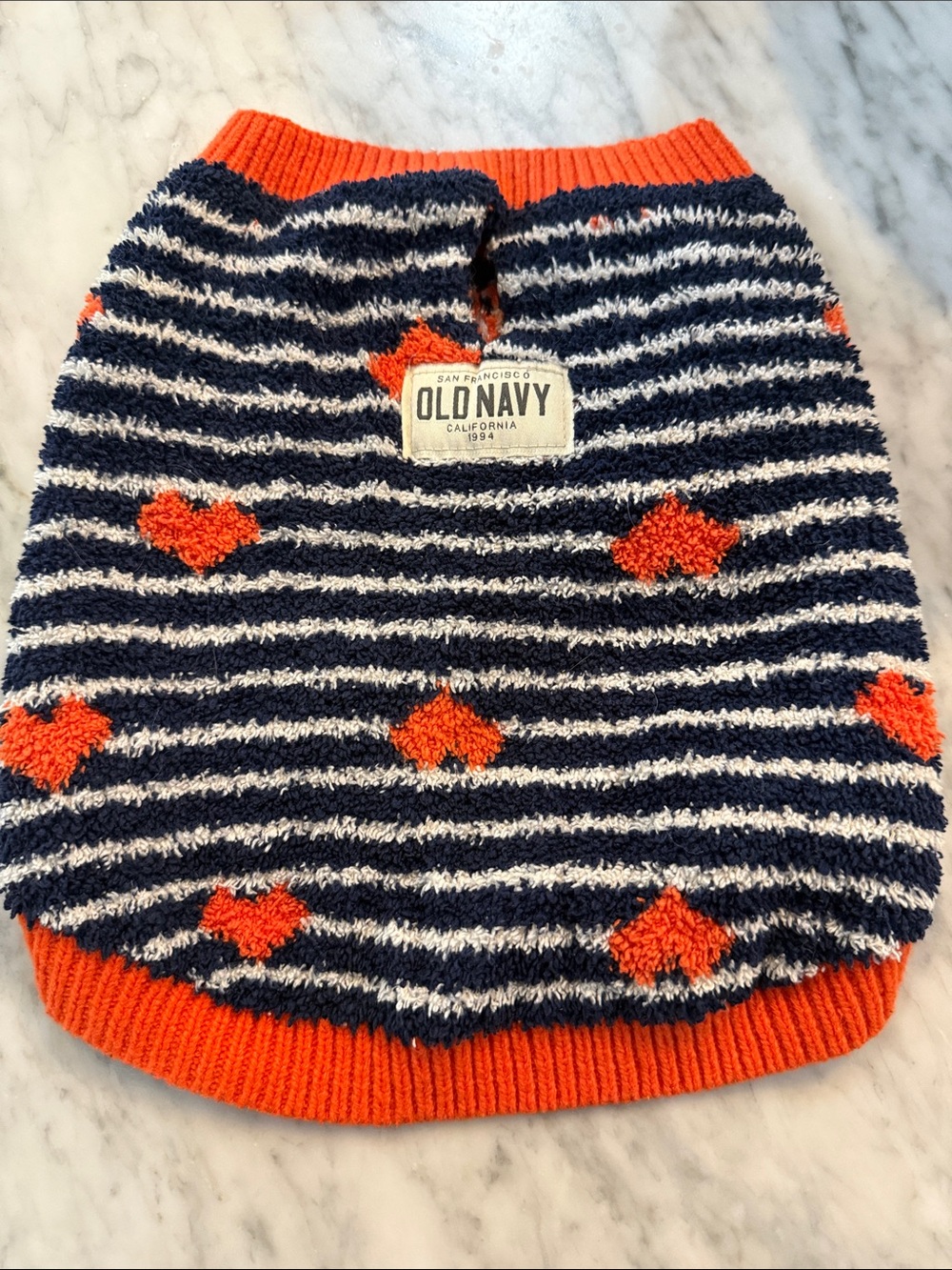 Old Navy Navy & Orange Striped Heart Knit Dog sweater